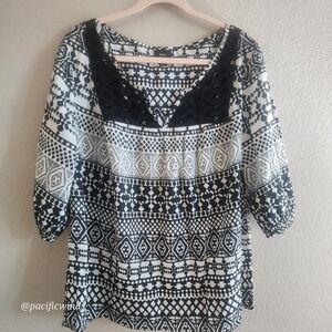 2/$25 MOSSIMO 3/4 SLEEVE BLACK & WHITE PATTERNED BLOUSE 100% COTTON XXXL
